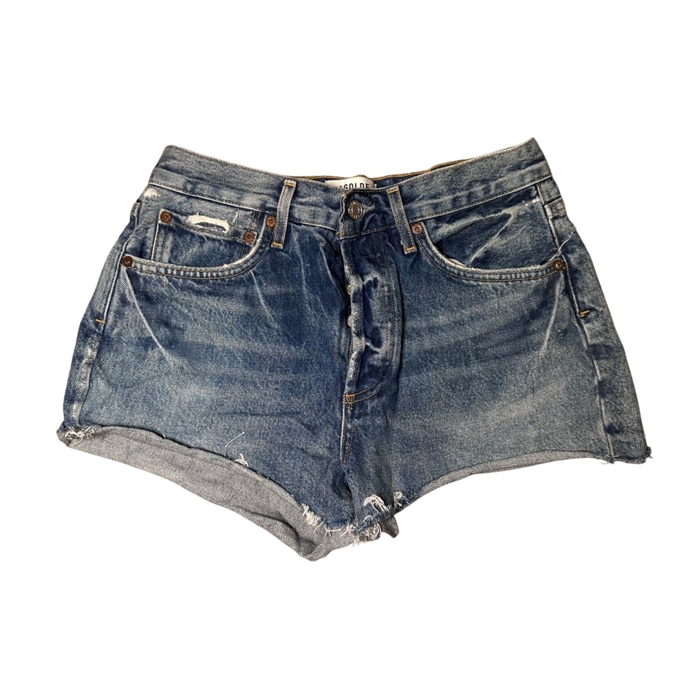 AGOLDE Parker High Rise Distressed Denim Shorts Medium Wash Blue Size 26
